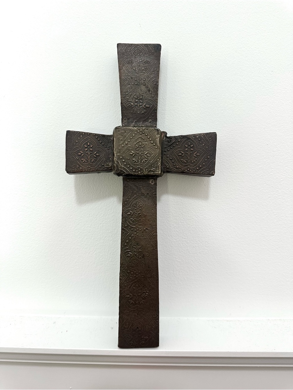 Ornate Metal Covered Wood Decorative Brown Embossed Wall Cross Floral Geometric